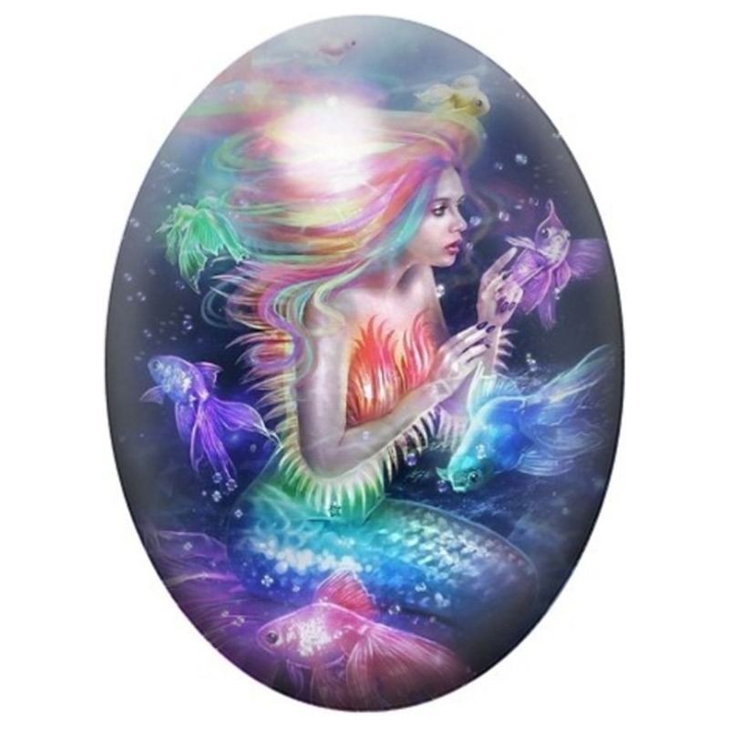 Cabochon en Verre Illustré Sirène aux Poissons Lumineux 13x18, 18x25 ou 30x40mm