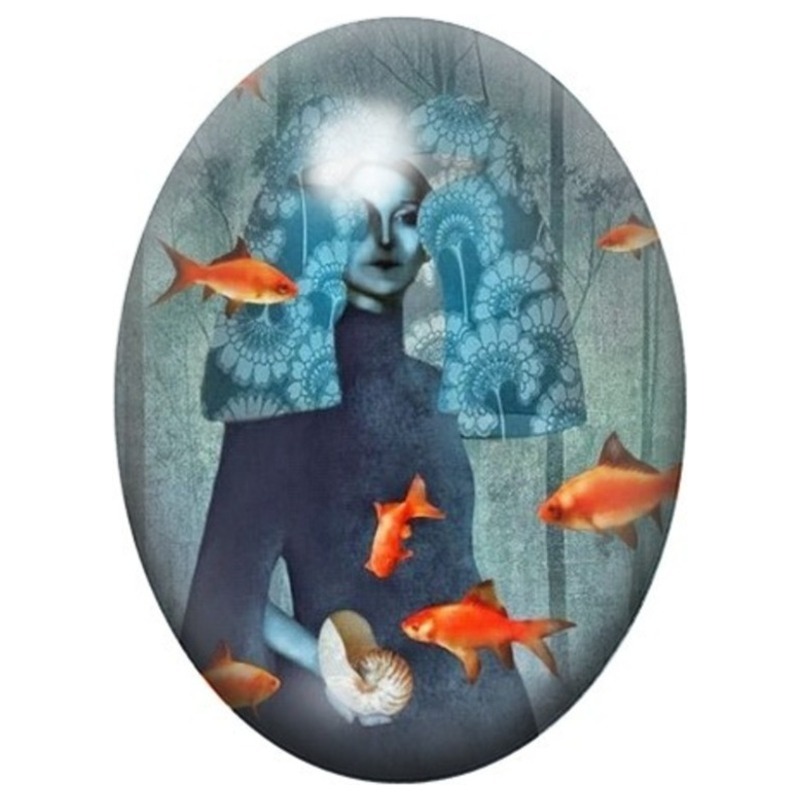 Cabochon en Verre Illustré Femme aux Poissons Rouges 13x18, 18x25 ou 30x40mm