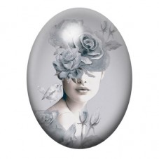 Cabochon en Verre Illustré Femme aux Roses Gris Perle 13x18, 18x25 ou 30x40mm pour la création de bijoux fantaisie - DIY