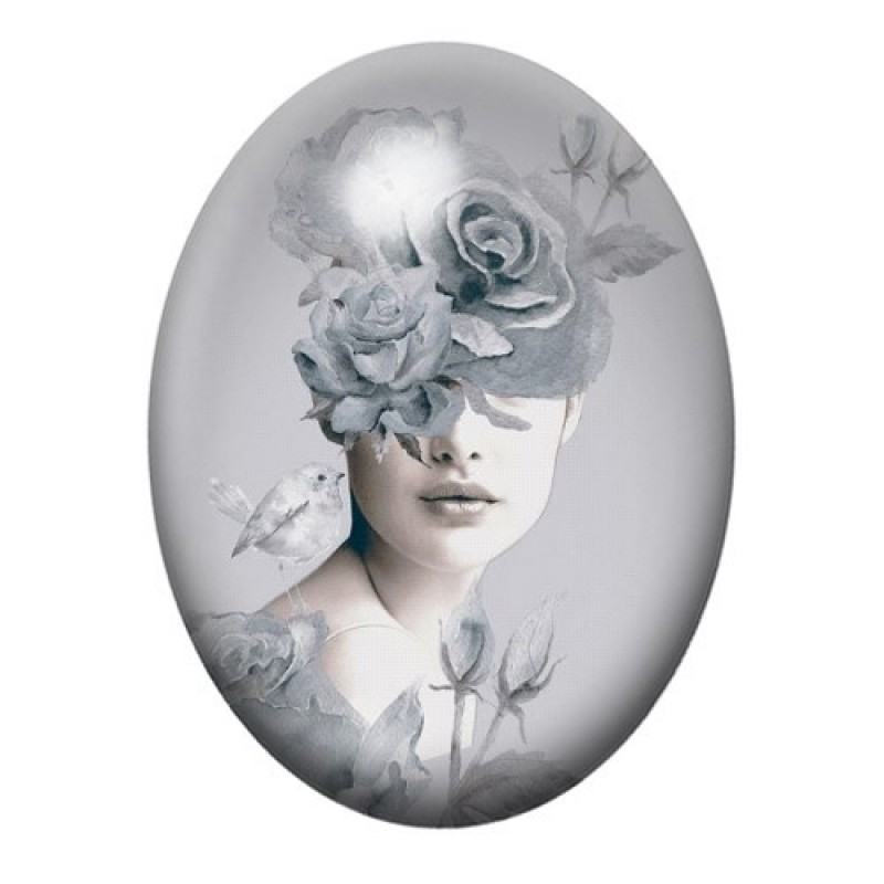 Cabochon en Verre Illustré Femme aux Roses Gris Perle 13x18, 18x25 ou 30x40mm