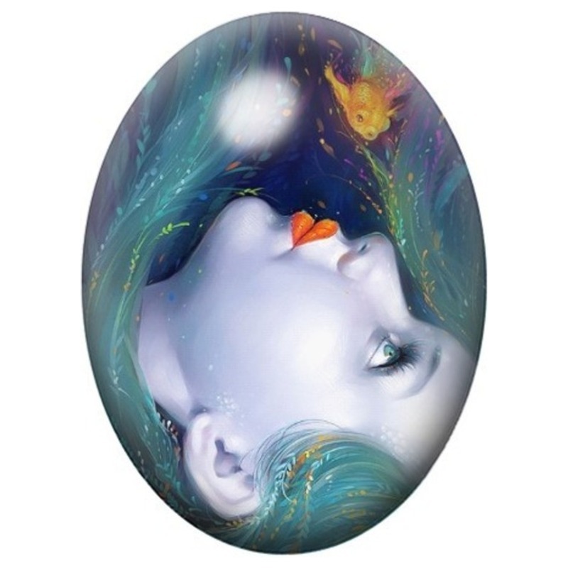 Cabochon en Verre Illustré Femme et Poisson Doré 13x18, 18x25 ou 30x40mm