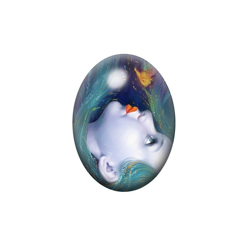 Cabochon en Verre Illustré Femme Poisson Onirique 13x18, 18x25 ou 30x40mm