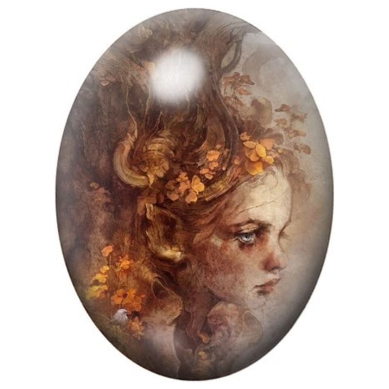 Cabochon en Verre Illustré Femme Automnale aux Feuilles Dorées 13x18, 18x25 ou 30x40mm