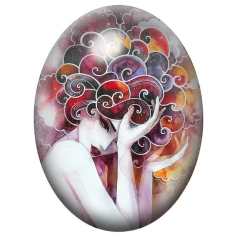 Cabochon en Verre Illustré Femme à la Chevelure d’Arbre Coloré 13x18, 18x25 ou 30x40mm
