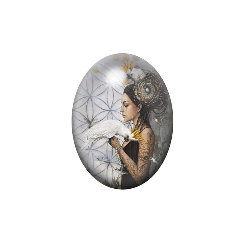 Cabochon en Verre Illustré Femme Cacatoès Onirique 13x18, 18x25 ou 30x40mm