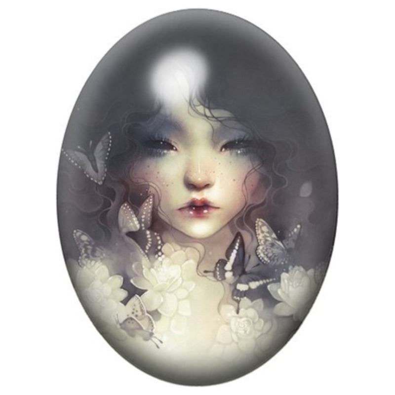 Cabochon en Verre Illustré Jeune Femme aux Papillons Blancs 13x18, 18x25 ou 30x40mm