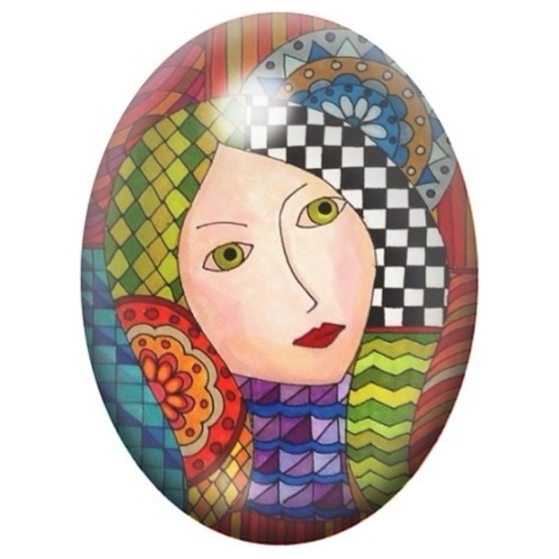 Cabochon en Verre Illustré Femme Arlequin au Diadème Bleu 13x18, 18x25 ou 30x40mm