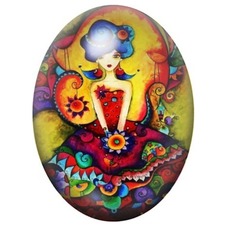 Cabochon en Verre Illustré Femme en Robe Folk aux Fleurs 13x18, 18x25 ou 30x40mm pour la création de bijoux fantaisie - DIY