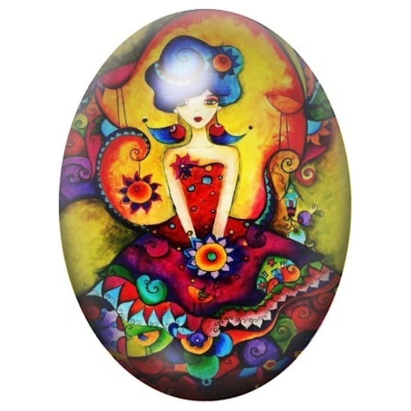 Cabochon en Verre Illustré Femme en Robe Folk aux Fleurs 13x18, 18x25 ou 30x40mm