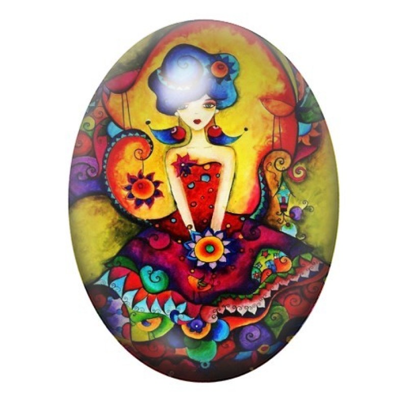 Cabochon en Verre Illustré Femme Robe Coloré 13x18, 18x25 ou 30x40mm