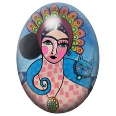 Cabochon en Verre Illustré Femme Folk au Chat Bleu 13x18, 18x25 ou 30x40mm pour la création de bijoux fantaisie - DIY