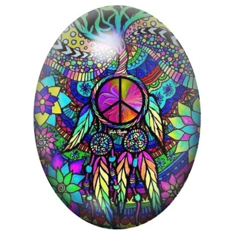 Cabochon en Verre Illustré Attrape-Rêves Paix Arc-en-Ciel 13x18, 18x25 ou 30x40mm