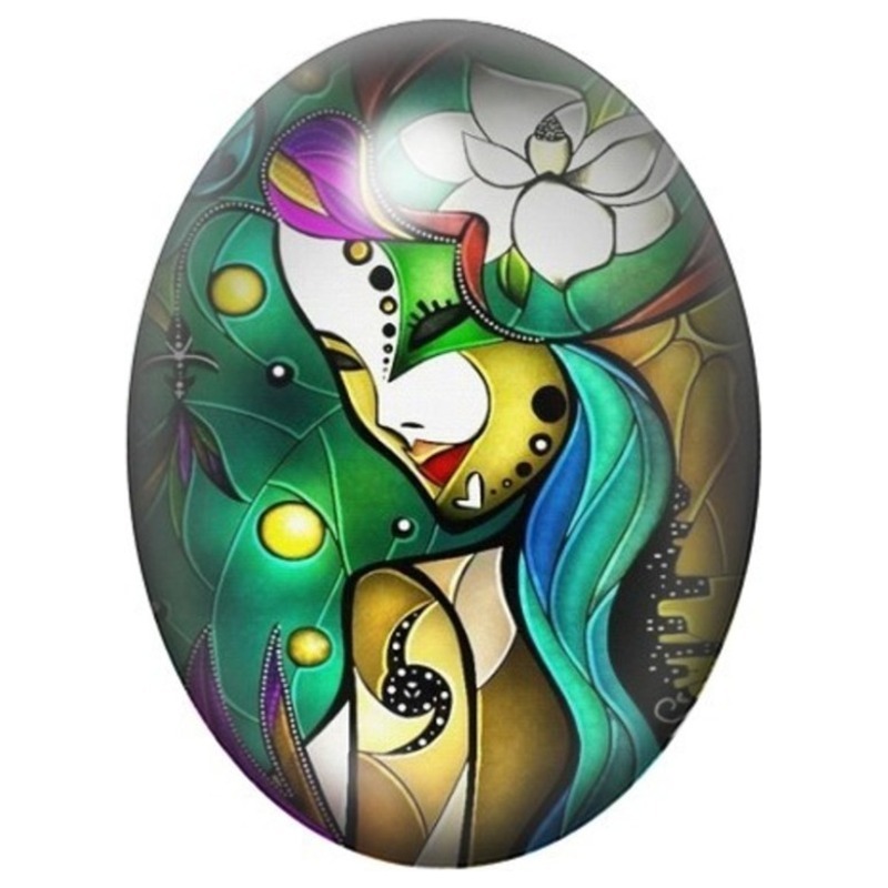Cabochon en Verre Illustré Femme Masquée au Lotus Blanc 13x18, 18x25 ou 30x40mm