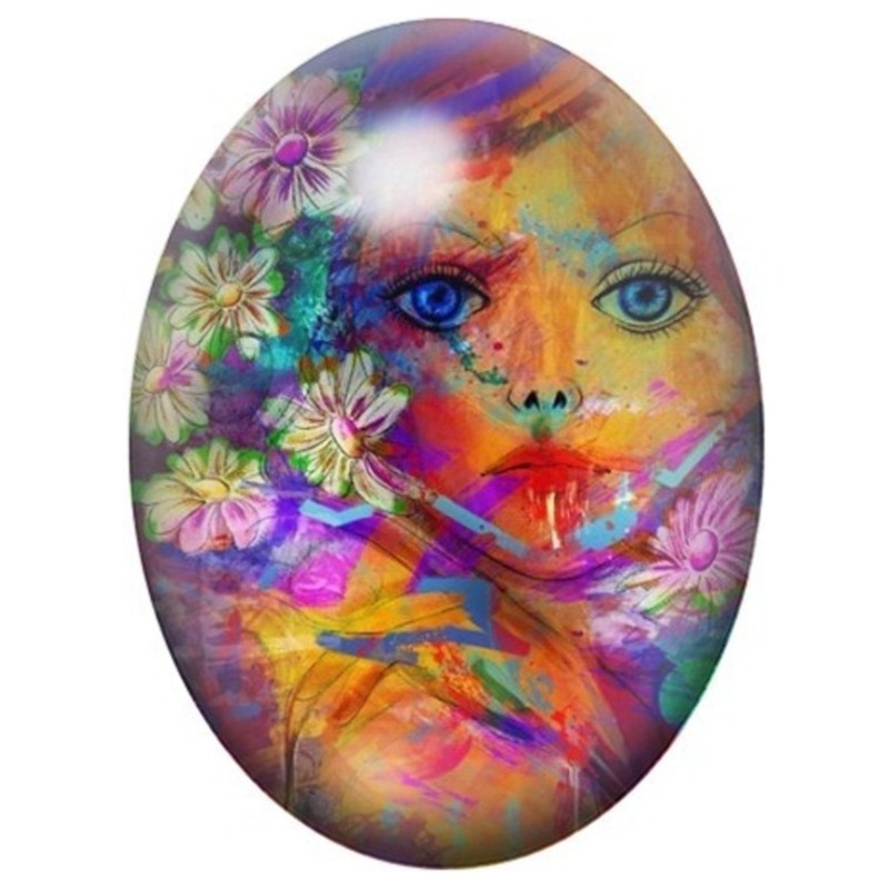 Cabochon en Verre Illustré Visage de Femme aux Fleurs et Papillons 13x18, 18x25 ou 30x40mm