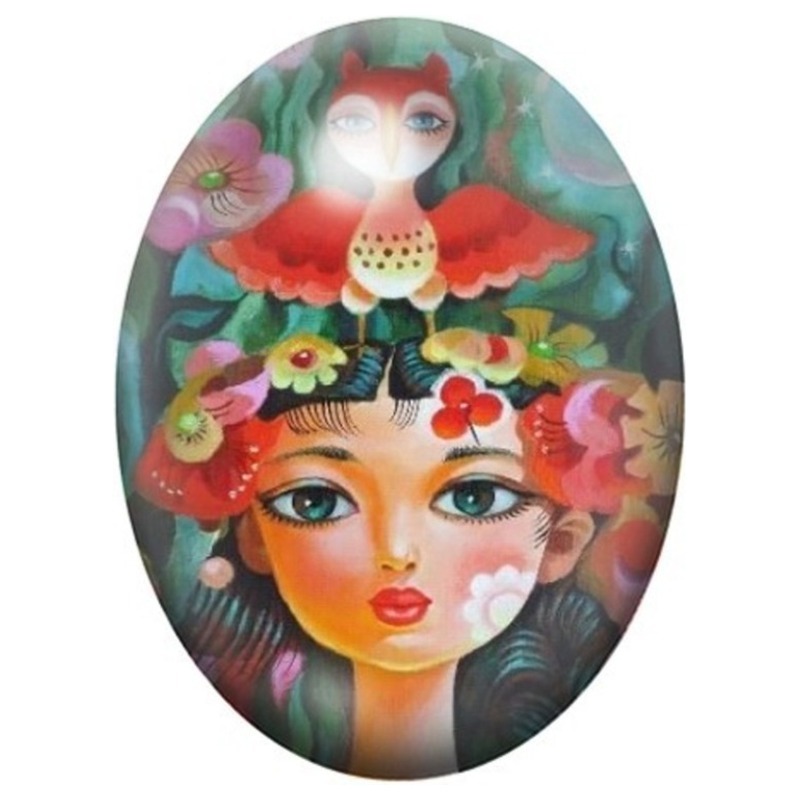 Cabochon en Verre Illustré Femme-Hibou à la Couronne Fleurie 13x18, 18x25 ou 30x40mm