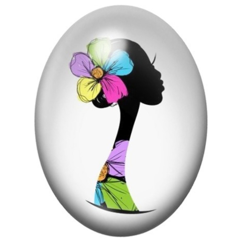 Cabochon en Verre Illustré Silhouette de Femme aux Papillons 13x18, 18x25 ou 30x40mm