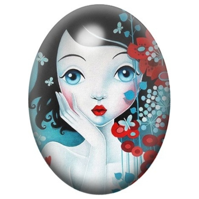 Cabochon en Verre Illustré Femme aux Fleurs et Papillons Bleus 13x18, 18x25 ou 30x40mm