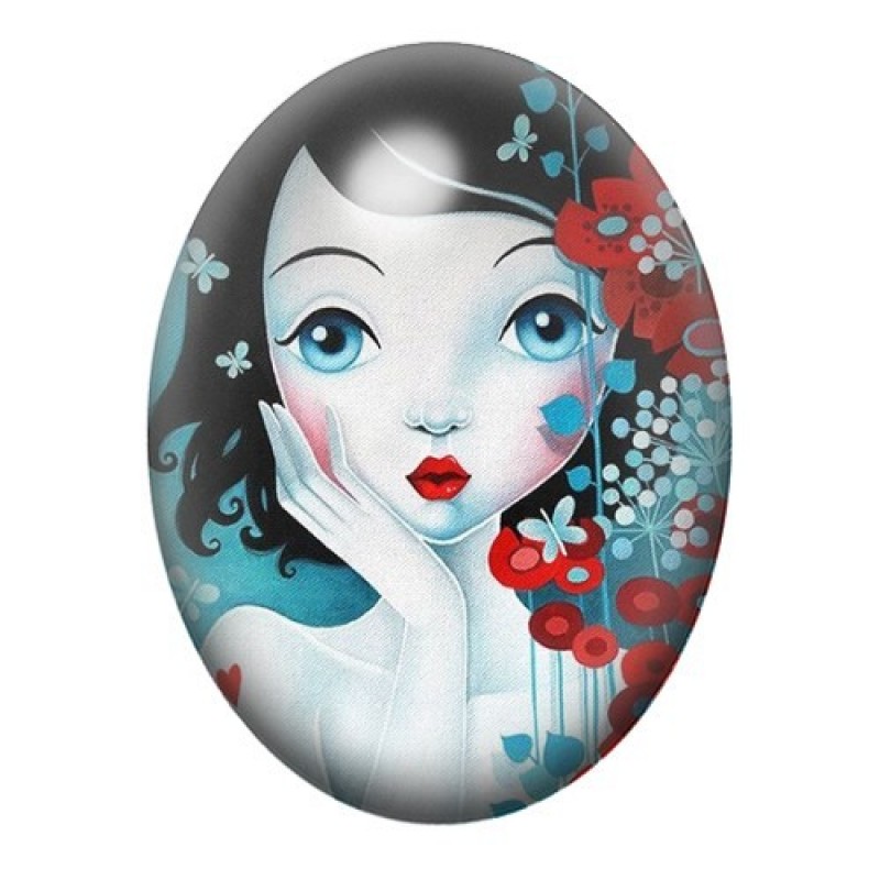 Cabochon en Verre Illustré Femme Fleurs Papillons Coloré 13x18, 18x25 ou 30x40mm