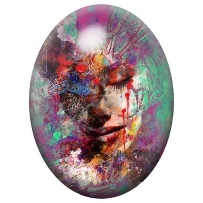 Cabochon en Verre Illustré Visage de Femme Abstrait Multicolore 13x18, 18x25 ou 30x40mm