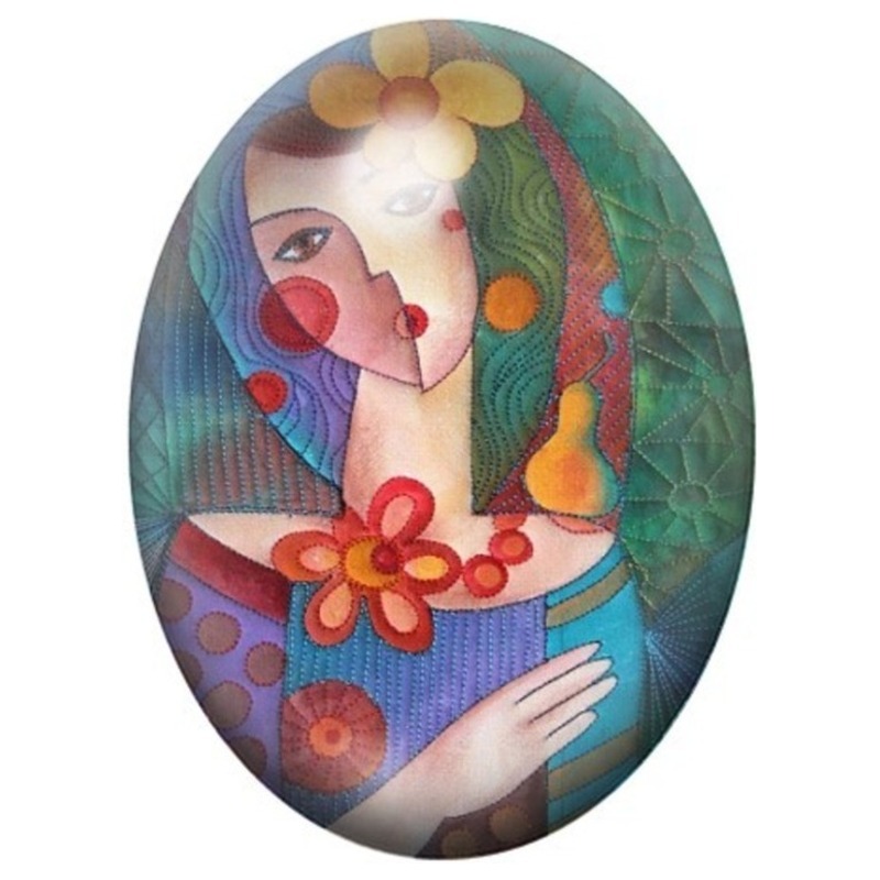 Cabochon en Verre Illustré Femme Abstraite à l’Oiseau Orange 13x18, 18x25 ou 30x40mm