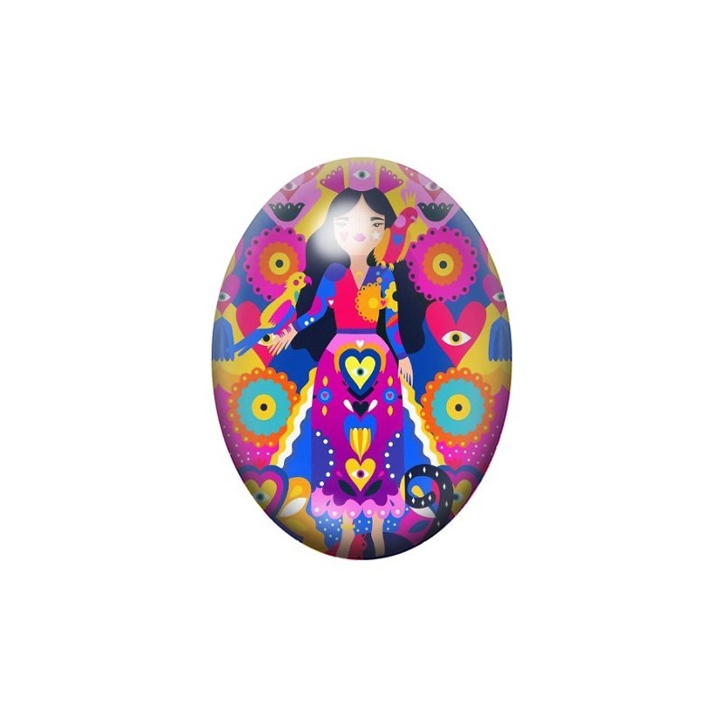 Cabochon en Verre Illustré Femme Perroquet Coloré 13x18, 18x25 ou 30x40mm