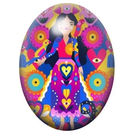 Cabochon en Verre Illustré Femme Folk aux Perroquets 13x18, 18x25 ou 30x40mm