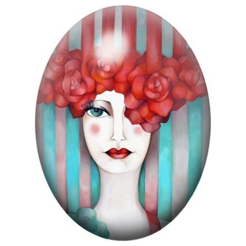 Cabochon en Verre Illustré Femme aux Roses Rouges 13x18, 18x25 ou 30x40mm