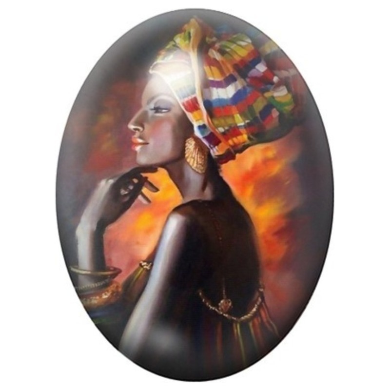 Cabochon en Verre Illustré Reine Africaine à la Coiffe Colorée 13x18, 18x25 ou 30x40mm
