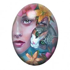Cabochon en Verre Illustré Femme et Chat parmi les Fleurs 13x18, 18x25 ou 30x40mm pour la création de bijoux fantaisie - DIY