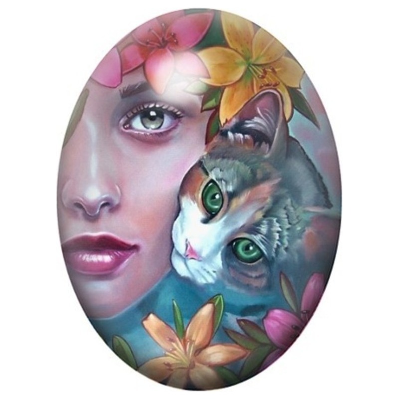 Cabochon en Verre Illustré Femme et Chat parmi les Fleurs 13x18, 18x25 ou 30x40mm