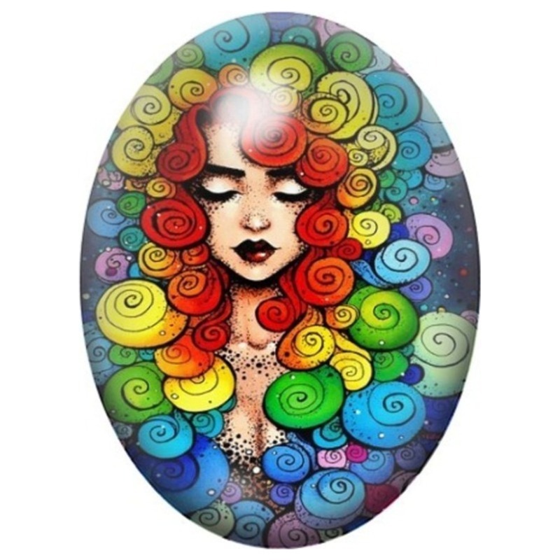 Cabochon en Verre Illustré Femme aux Spirales Arc-en-Ciel 13x18, 18x25 ou 30x40mm
