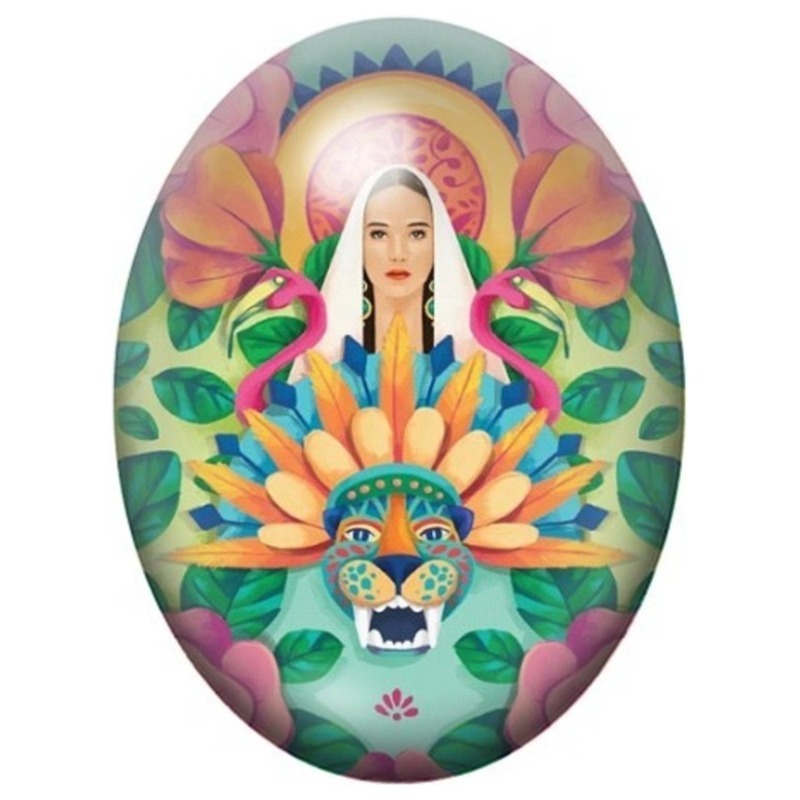 Cabochon en Verre Illustré Femme Exotique au Lotus et Flamants Roses 13x18, 18x25 ou 30x40mm