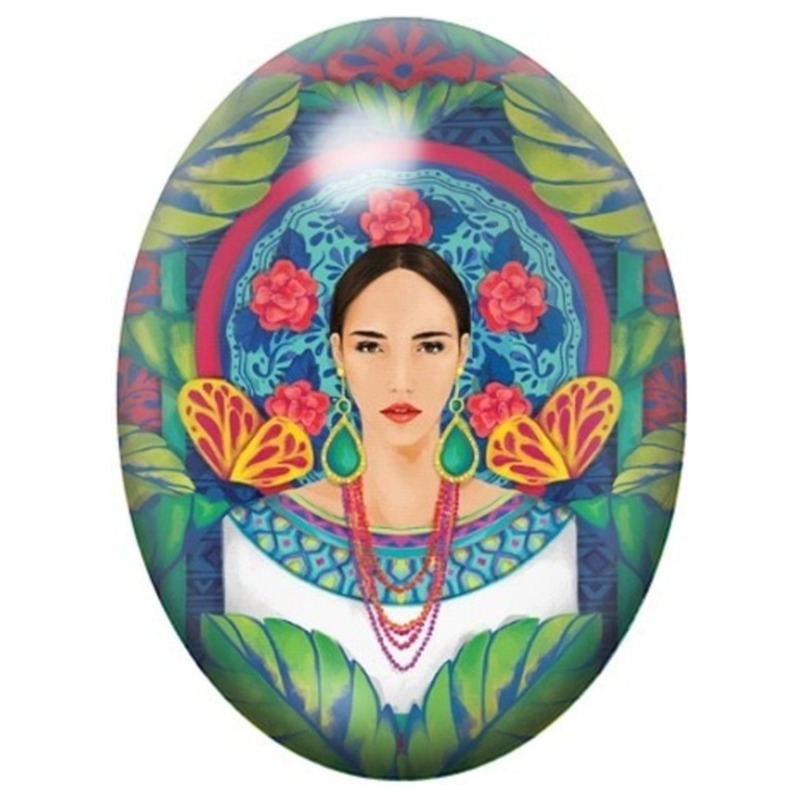Cabochon en Verre Illustré Femme Exotique aux Papillons et Roses 13x18, 18x25 ou 30x40mm