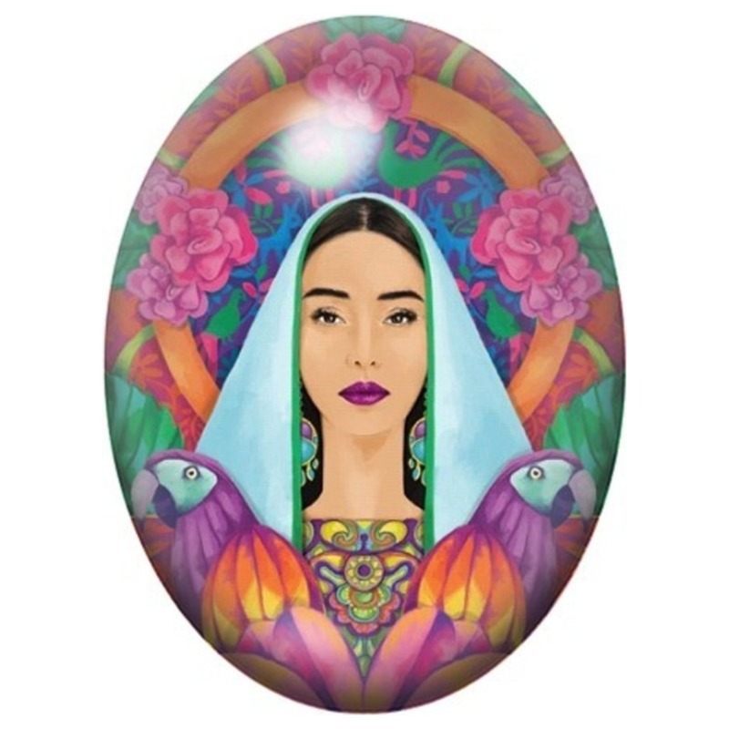 Cabochon en Verre Illustré Femme au Voile Blanc et aux Oiseaux 13x18, 18x25 ou 30x40mm