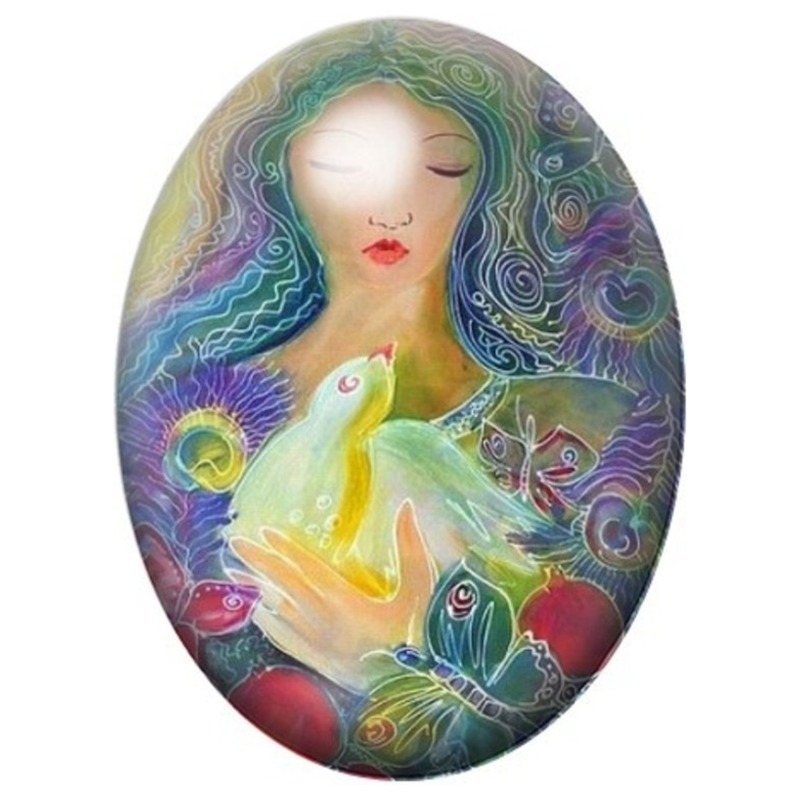 Cabochon en Verre Illustré Femme aux Yeux Clos et Oiseau Blanc 13x18, 18x25 ou 30x40mm