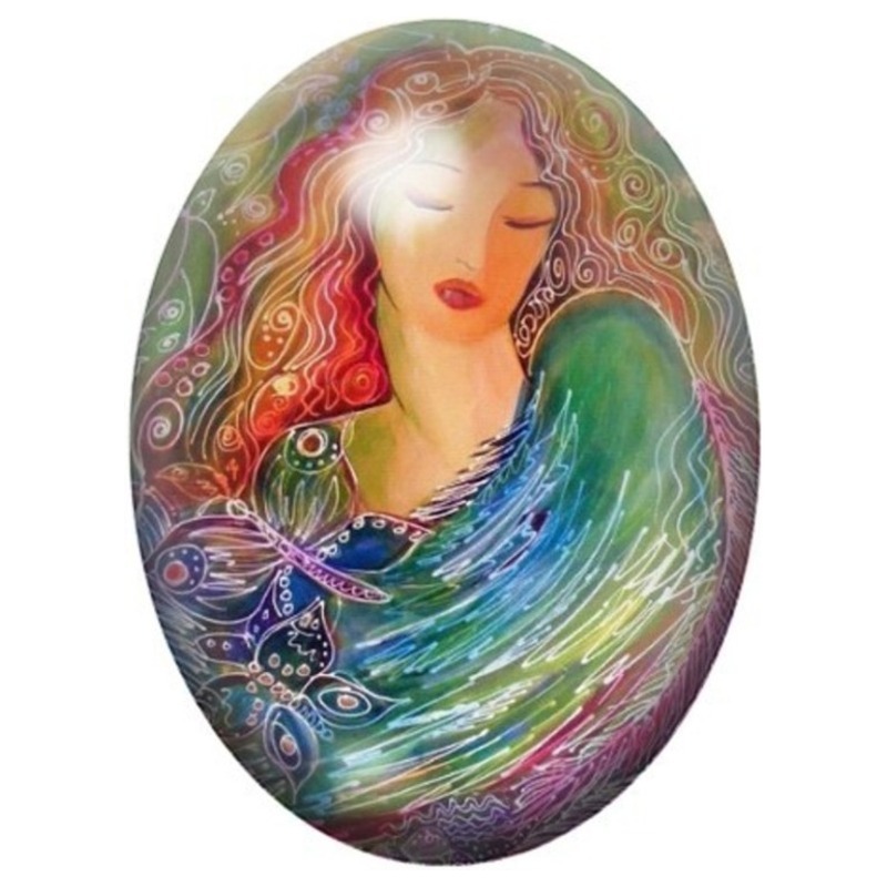 Cabochon en Verre Illustré Femme aux Yeux Clos et Vagues Vertes 13x18, 18x25 ou 30x40mm