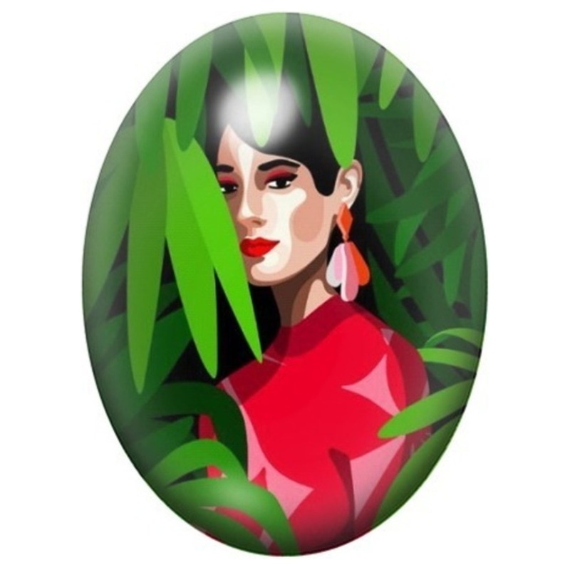 Cabochon en Verre Illustré Femme au Feuillage Vert 13x18, 18x25 ou 30x40mm