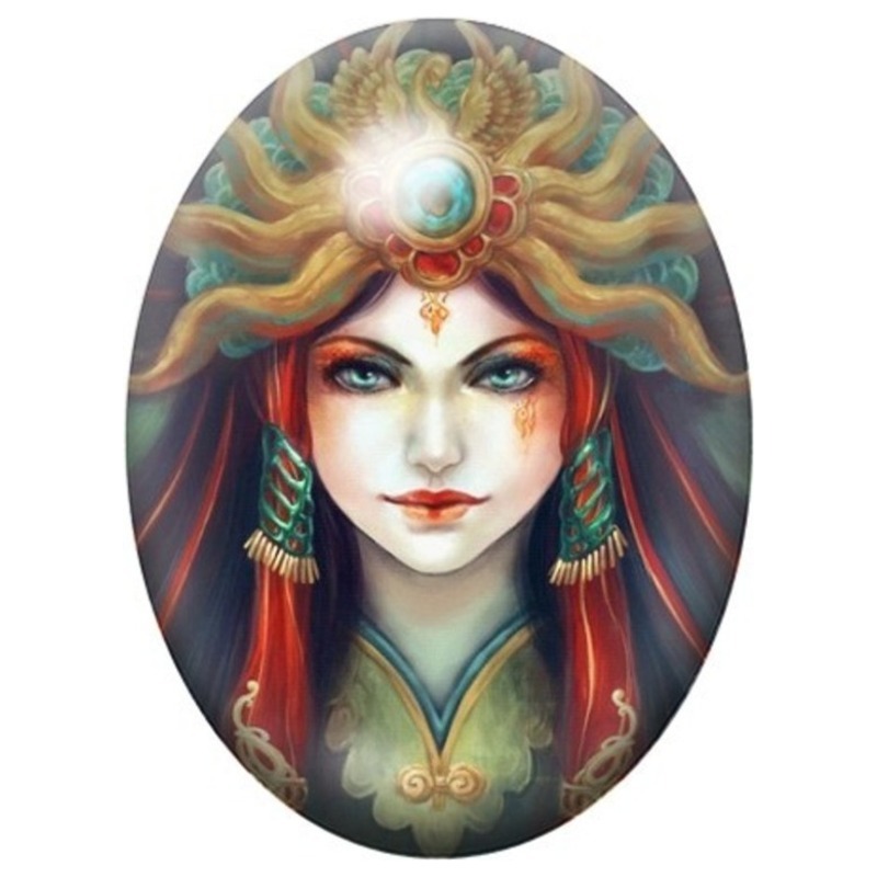 Cabochon en Verre Illustré Reine Mystique à la Coiffe Solaire 13x18, 18x25 ou 30x40mm