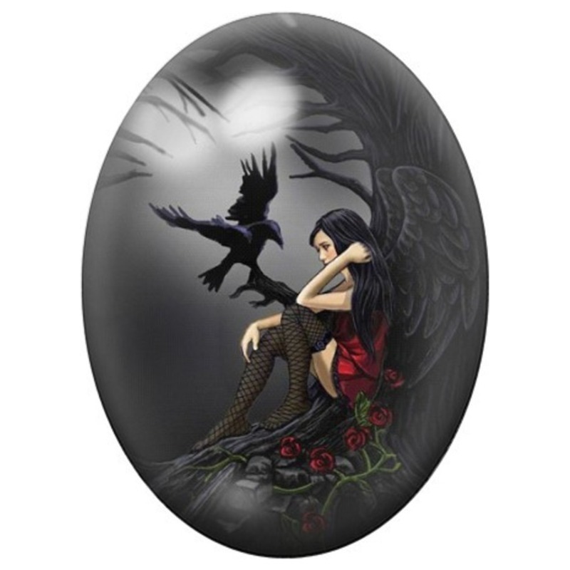Cabochon en Verre Illustré Ange Gothique et Corbeau Noir 13x18, 18x25 ou 30x40mm