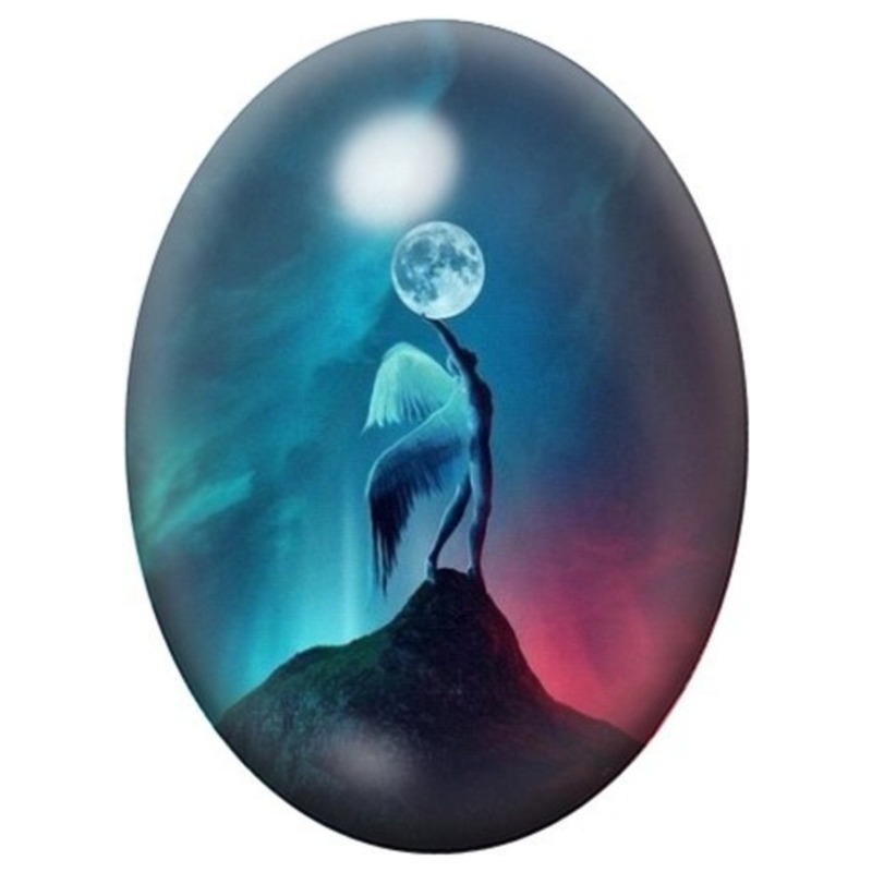 Cabochon en Verre Illustré Ange devant la Lune Bleue 13x18, 18x25 ou 30x40mm