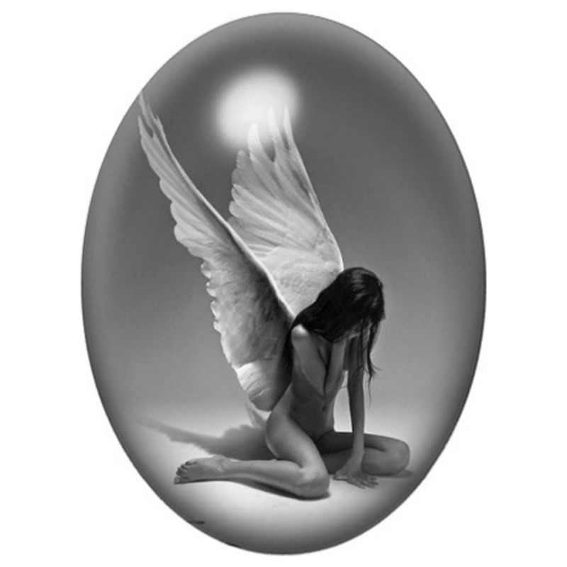 Cabochon en Verre Illustré Ange Triste aux Ailes Blanches 13x18, 18x25 ou 30x40mm