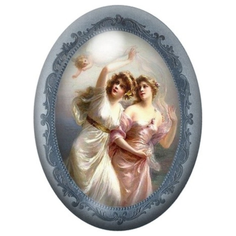 Cabochon en Verre Illustré Trois Femmes Angéliques en Médaillon 13x18, 18x25 ou 30x40mm