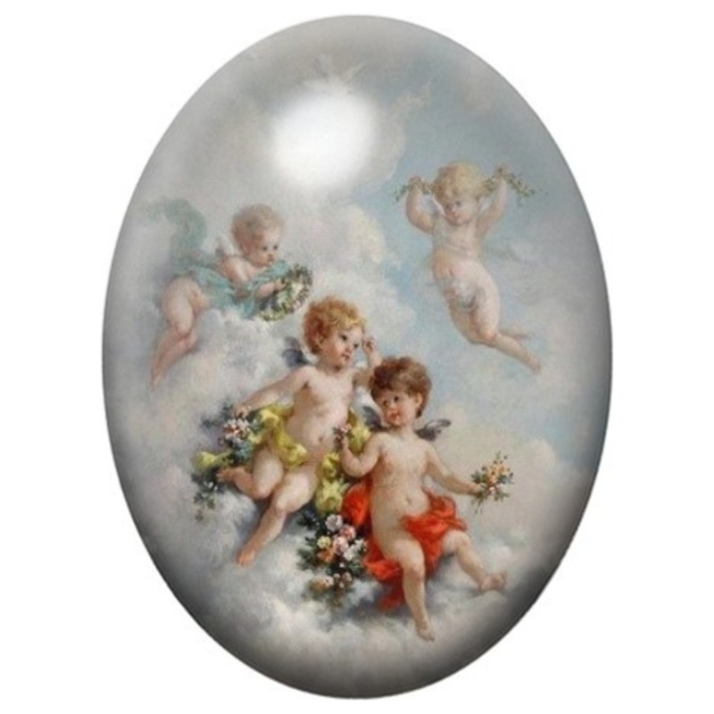 Cabochon en Verre Illustré Anges sur un Nuage Fleuri 13x18, 18x25 ou 30x40mm