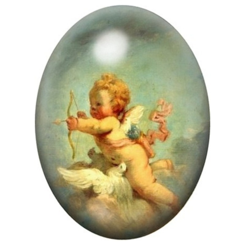 Cabochon en Verre Illustré Cupidon à l’Arc sur un Nuage 13x18, 18x25 ou 30x40mm