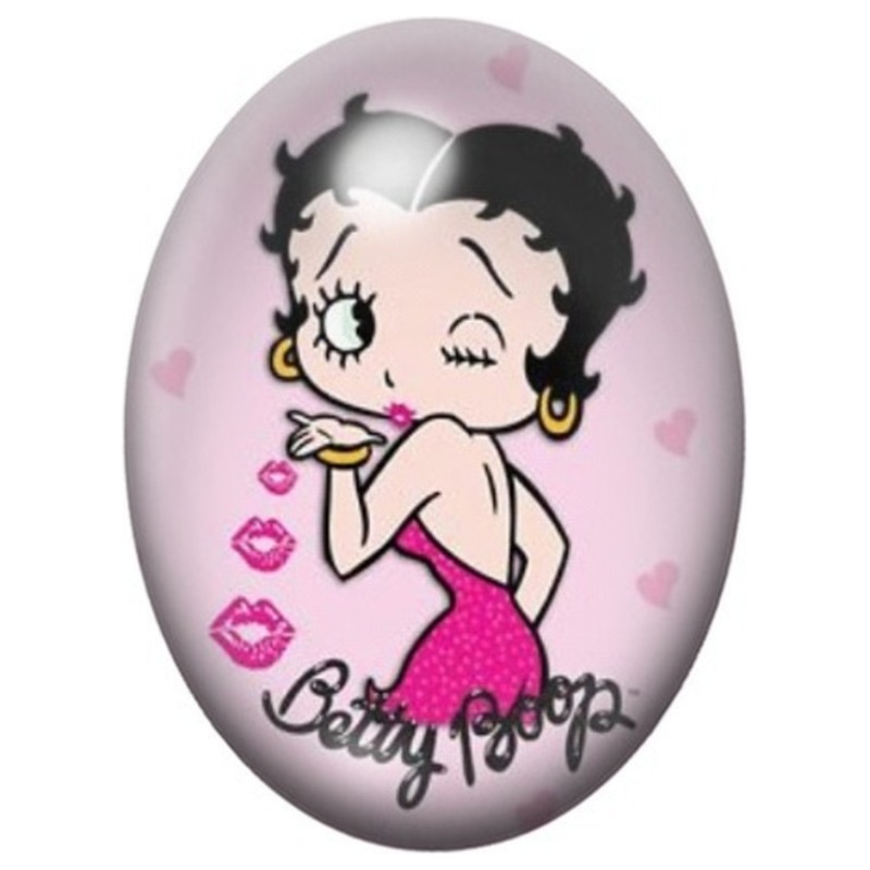 Cabochon en Verre Illustré Betty Boop au Baiser sur Fond Rose 13x18, 18x25 ou 30x40mm
