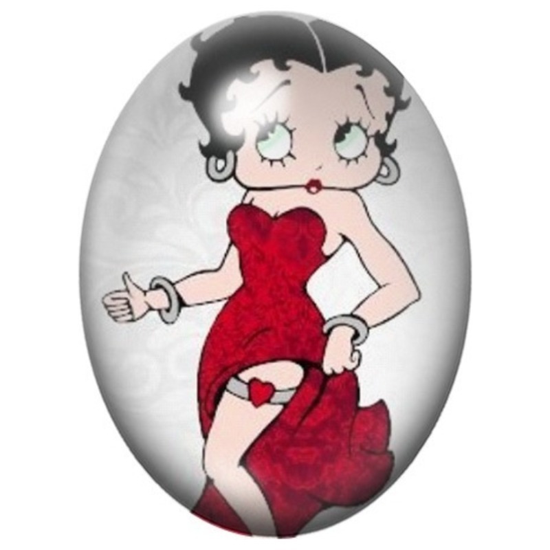 Cabochon en Verre Illustré Betty Boop en Robe Rouge et Cape Fleurie 13x18, 18x25 ou 30x40mm