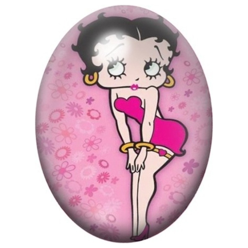 Cabochon en Verre Illustré Betty Boop en Robe Rose sur Fond Fleuri 13x18, 18x25 ou 30x40mm