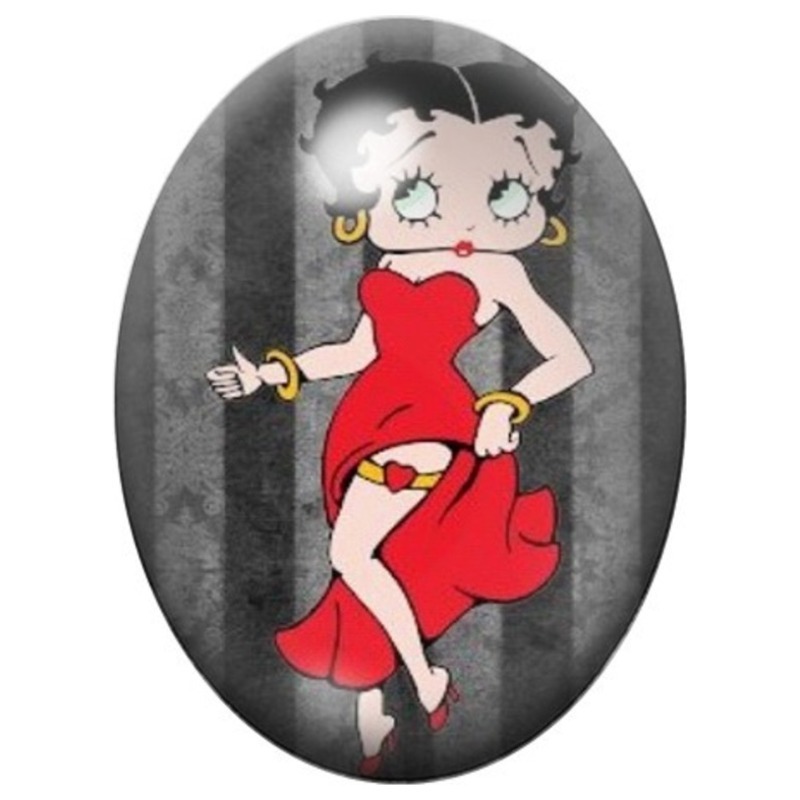 Cabochon en Verre Illustré Betty Boop en Robe Rouge sur Fond Gris 13x18, 18x25 ou 30x40mm