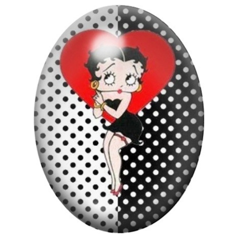 Cabochon en Verre Illustré Betty Boop au Cœur Rouge et Pois Noirs 13x18, 18x25 ou 30x40mm