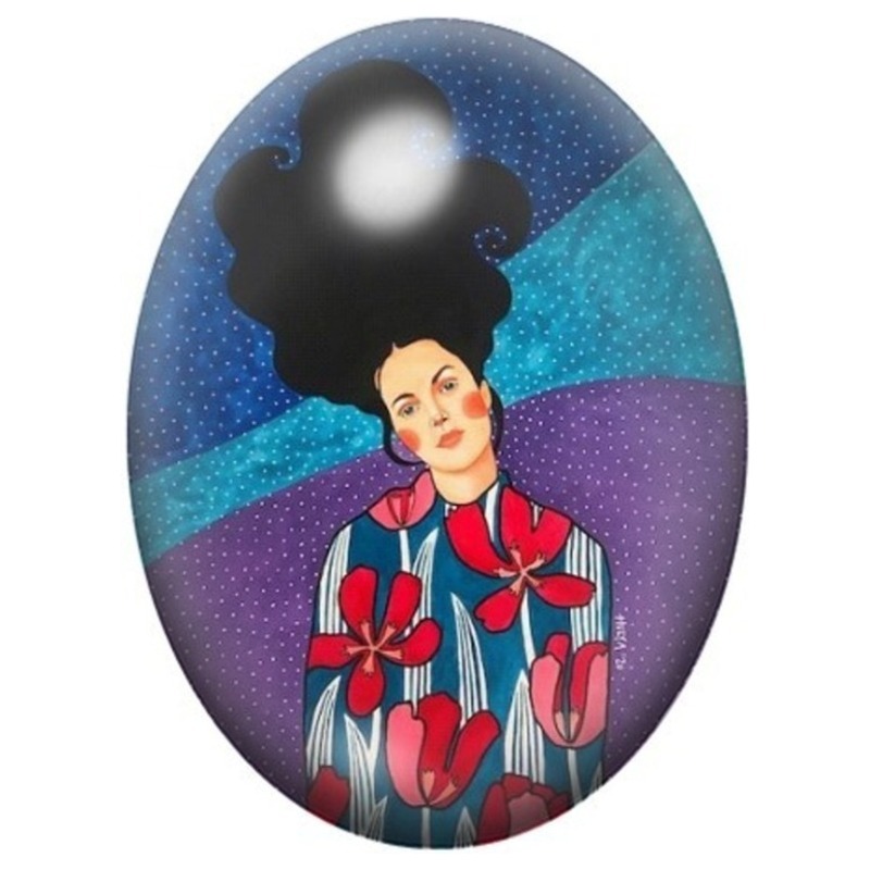 Cabochon en Verre Illustré Femme aux Tulipes Rouges et Châle Bleu 13x18, 18x25 ou 30x40mm